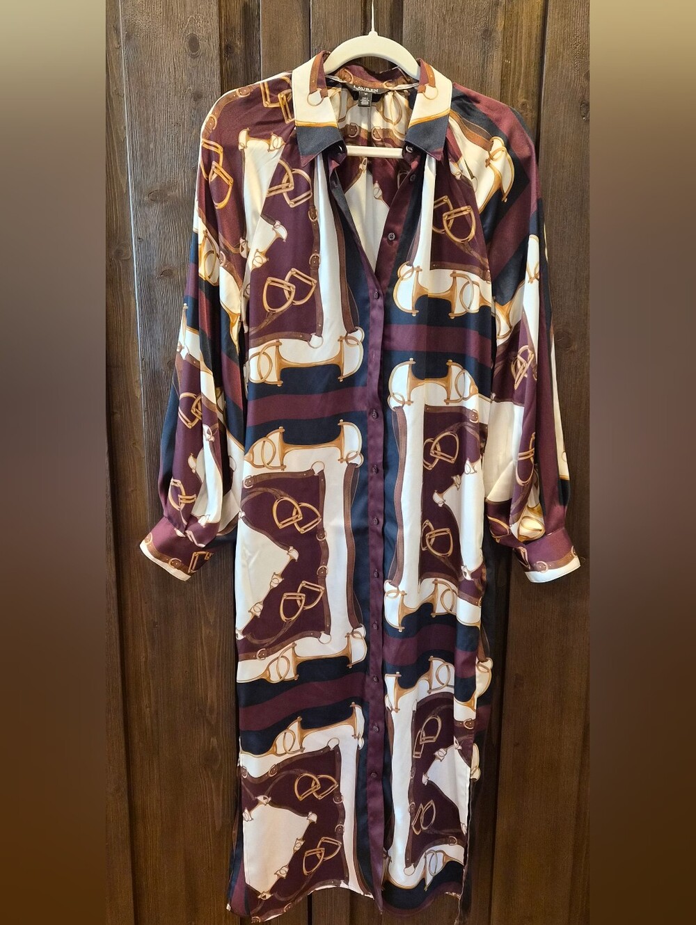 Ralph Lauren Maroon, Cream & Gold Equestrian-Print Long Sleeve Midi Dress
